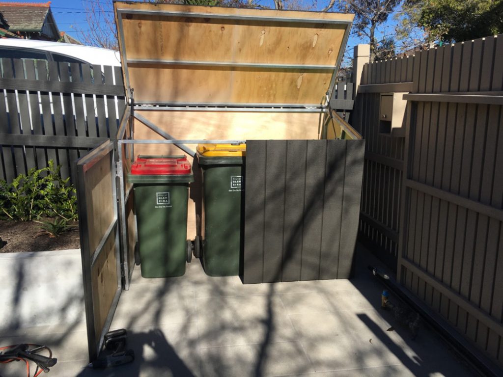 Wheelie bin corral. Hide rubbish bins. Backyard makeover. Waste bin